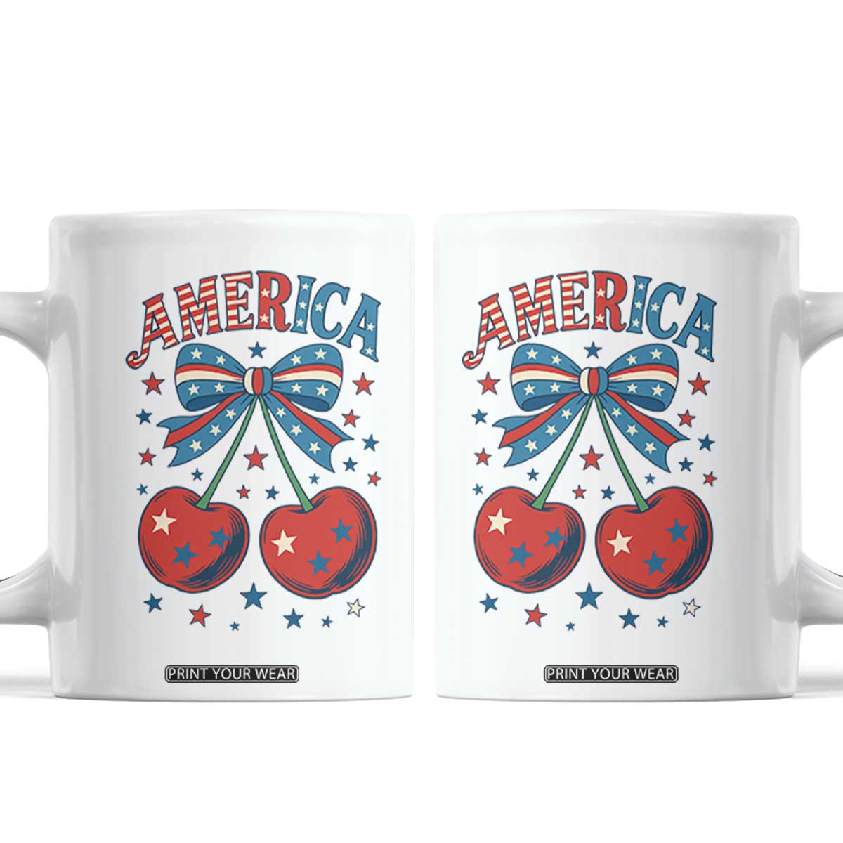Retro Americana Cherries and Stars Coquette Bow Coffee Mug America Cute Patriotic 4th Of July US TS02 White Print Your Wear