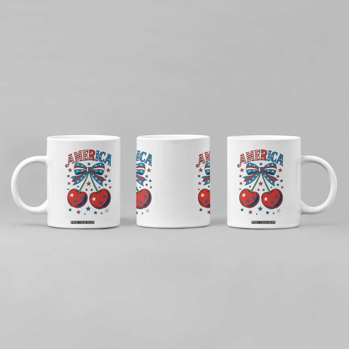 Retro Americana Cherries and Stars Coquette Bow Coffee Mug America Cute Patriotic 4th Of July US TS02 Print Your Wear