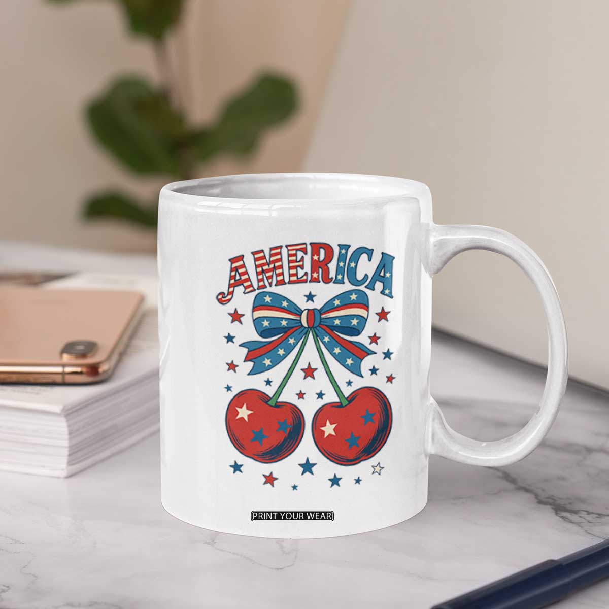Retro Americana Cherries and Stars Coquette Bow Coffee Mug America Cute Patriotic 4th Of July US TS02 Print Your Wear