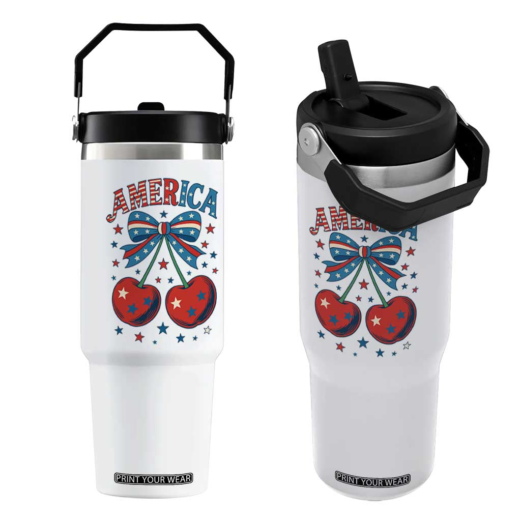 Retro Americana Cherries and Stars Coquette Bow Flip Straw Tumbler America Cute Patriotic 4th Of July US TS02 One Size: 30 oz White Print Your Wear