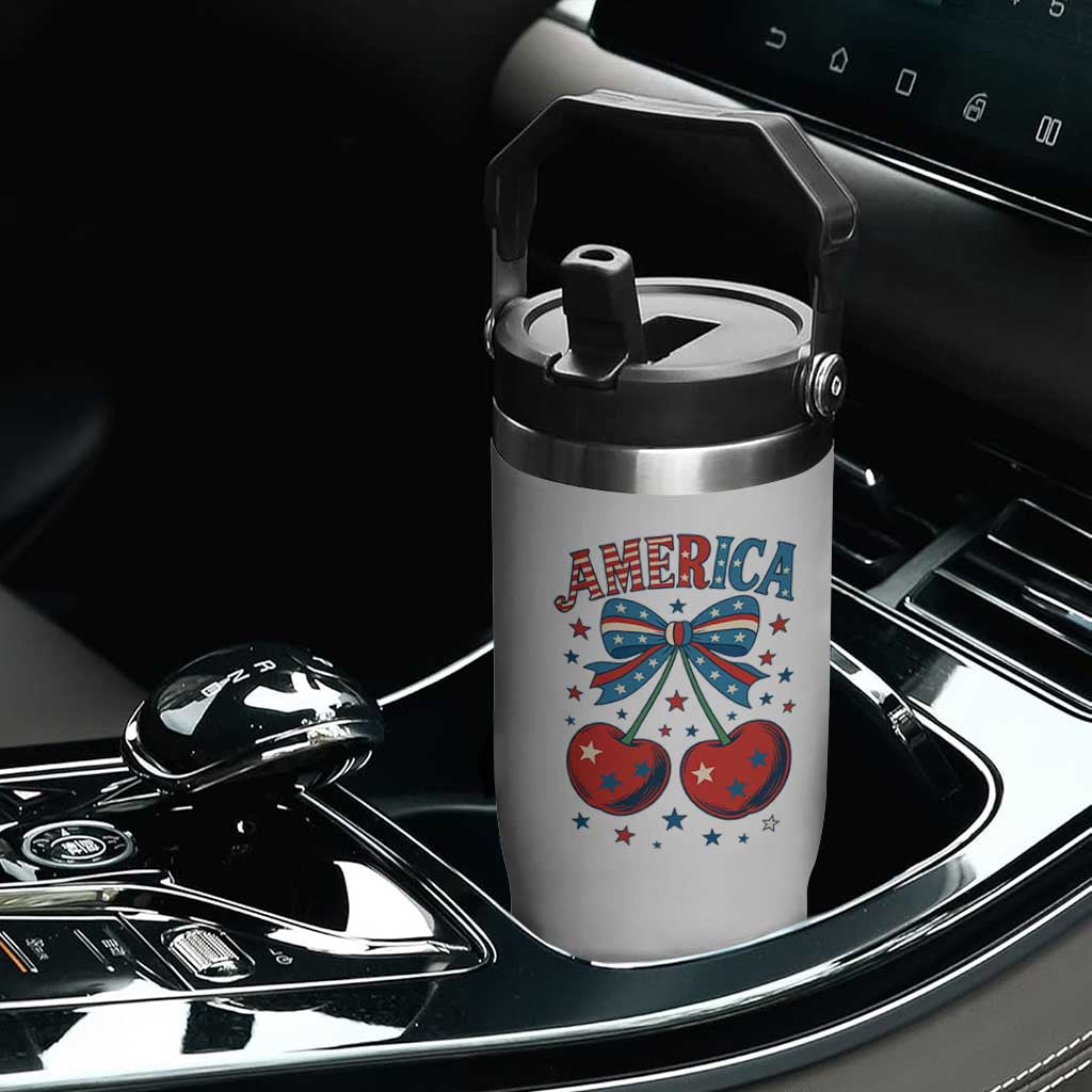 Retro Americana Cherries and Stars Coquette Bow Flip Straw Tumbler America Cute Patriotic 4th Of July US TS02 Print Your Wear