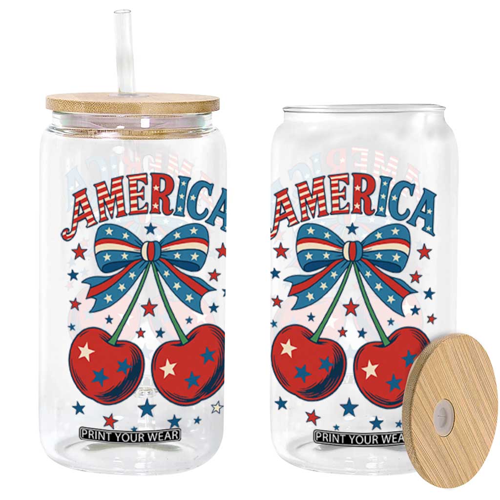 Retro Americana Cherries and Stars Coquette Bow Glass Can America Cute Patriotic 4th Of July US TS02 White Print Your Wear