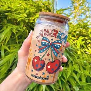 Retro Americana Cherries and Stars Coquette Bow Glass Can America Cute Patriotic 4th Of July US TS02 Print Your Wear