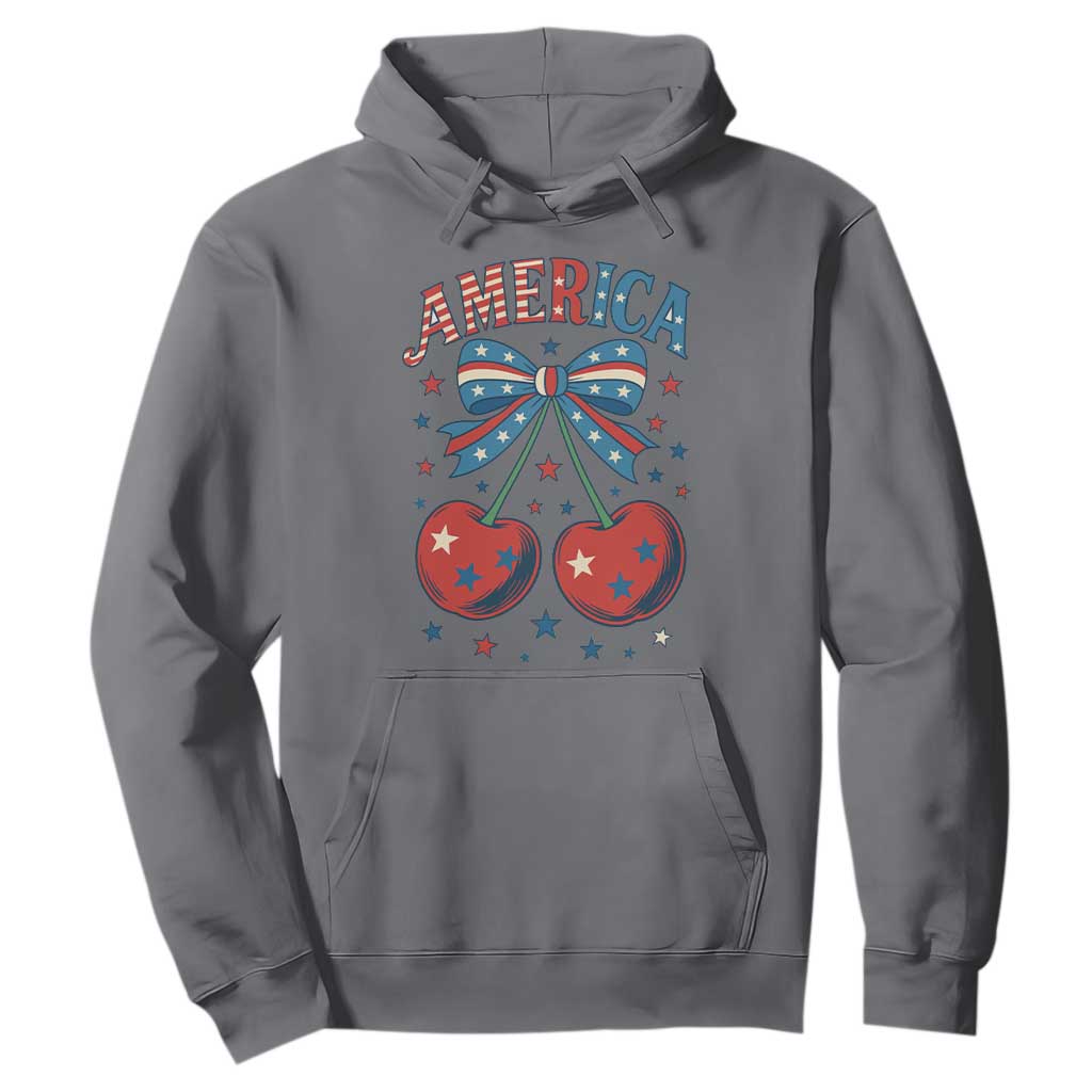 Retro Americana Cherries and Stars Coquette Bow Hoodie America Cute Patriotic 4th Of July US TS02 Charcoal Print Your Wear