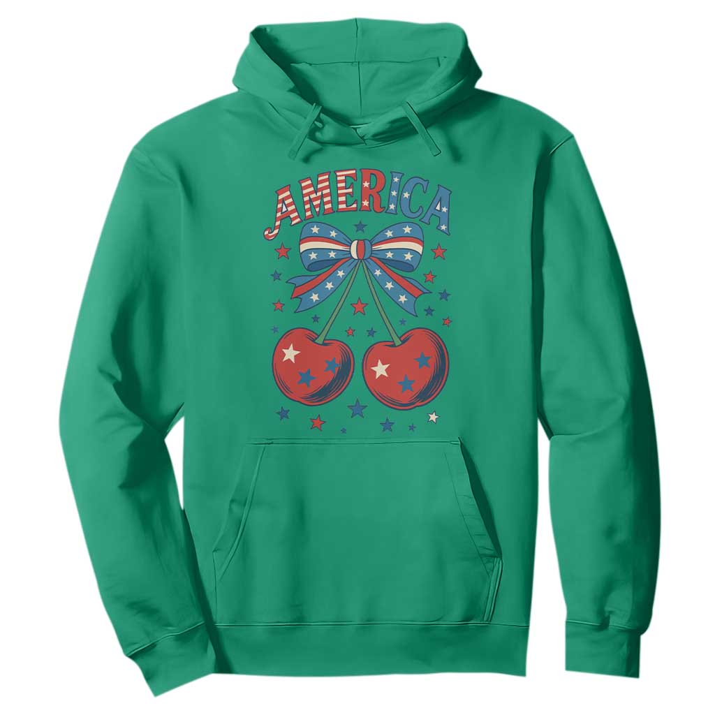 Retro Americana Cherries and Stars Coquette Bow Hoodie America Cute Patriotic 4th Of July US TS02 Irish Green Print Your Wear