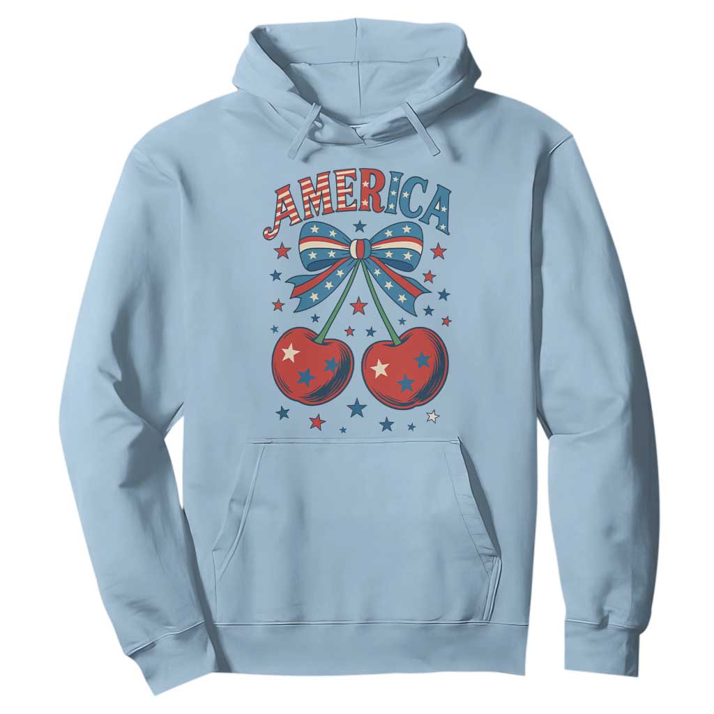Retro Americana Cherries and Stars Coquette Bow Hoodie America Cute Patriotic 4th Of July US TS02 Light Blue Print Your Wear
