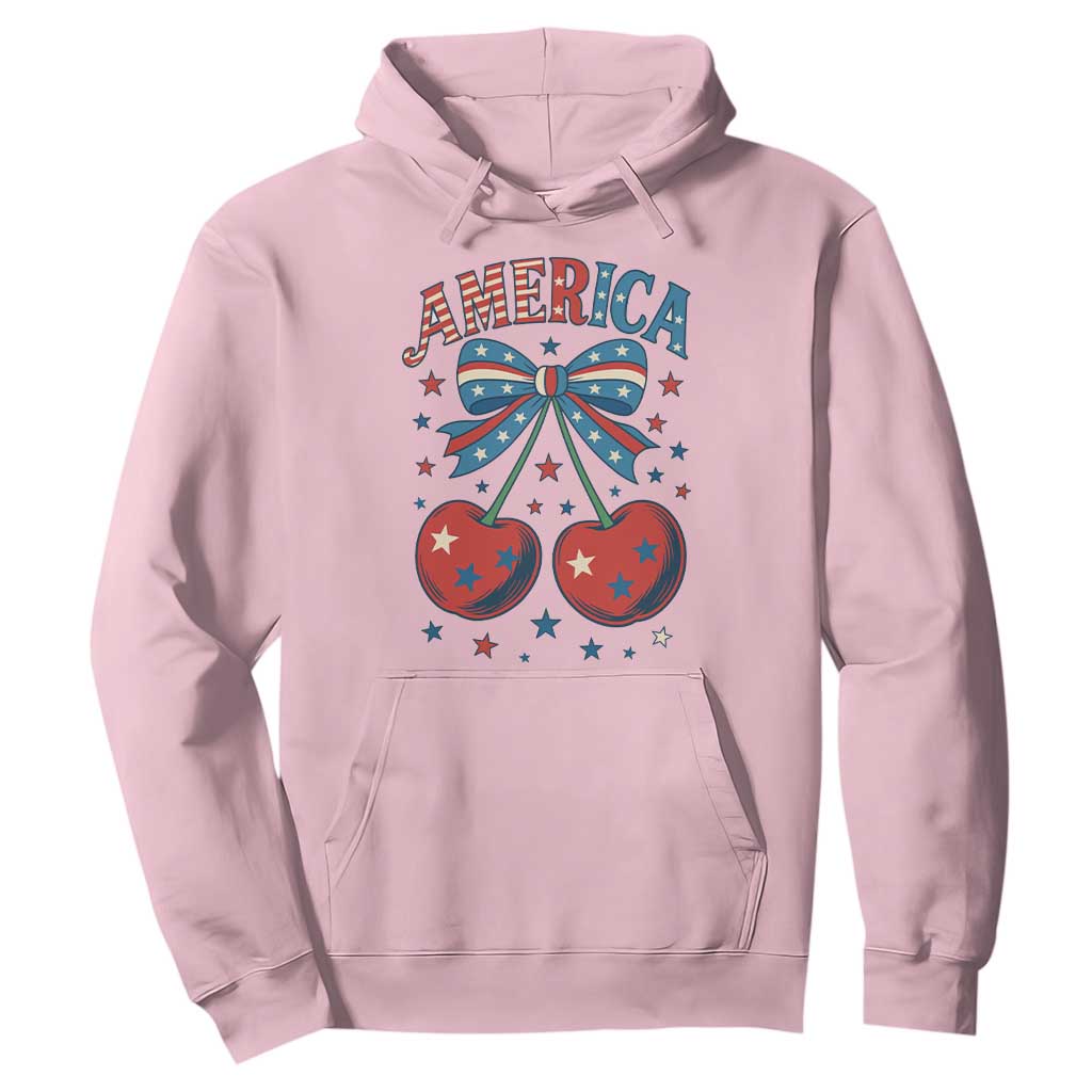 Retro Americana Cherries and Stars Coquette Bow Hoodie America Cute Patriotic 4th Of July US TS02 Light Pink Print Your Wear