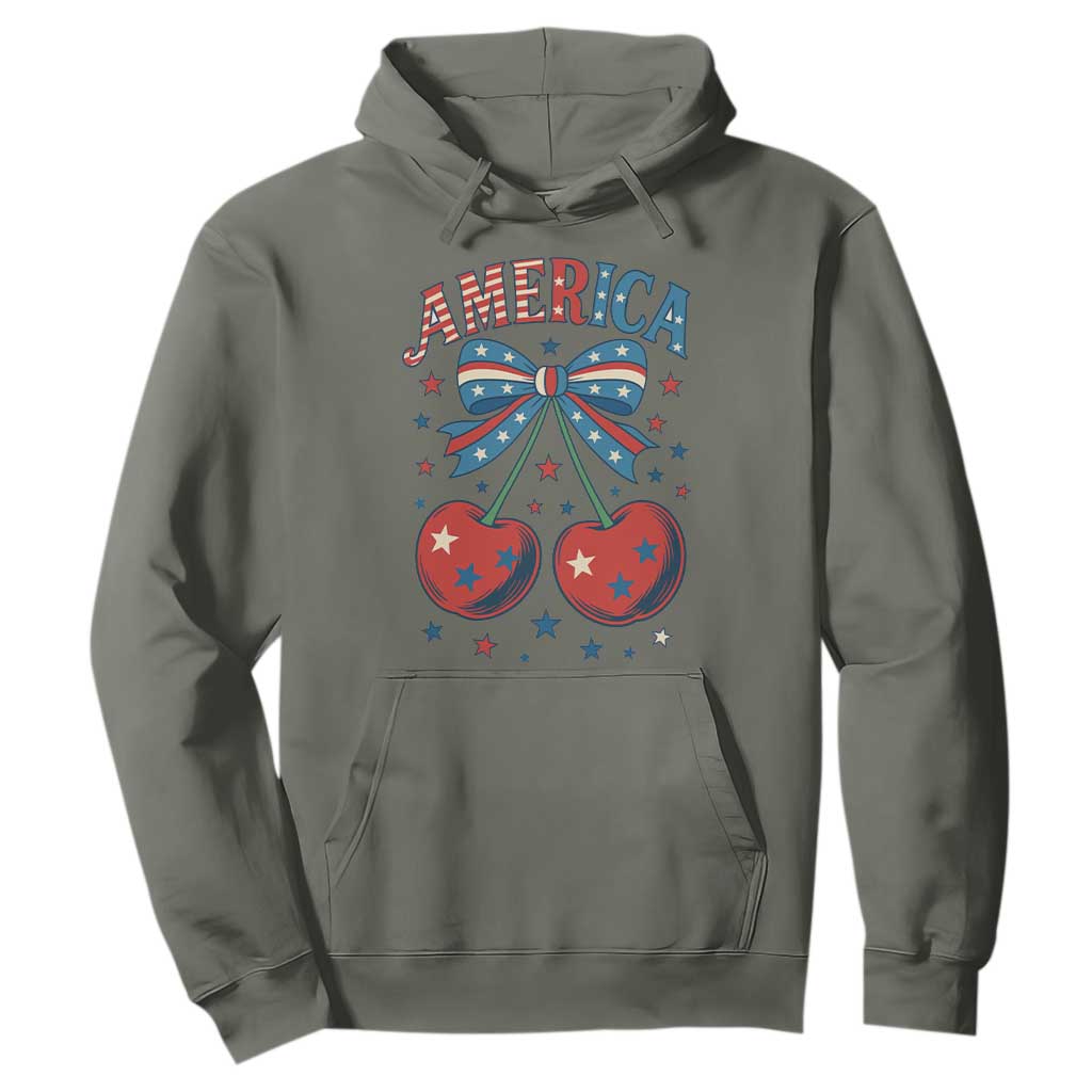 Retro Americana Cherries and Stars Coquette Bow Hoodie America Cute Patriotic 4th Of July US TS02 Military Green Print Your Wear