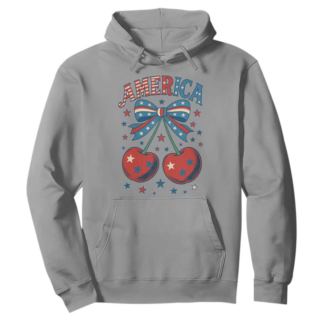 Retro Americana Cherries and Stars Coquette Bow Hoodie America Cute Patriotic 4th Of July US TS02 Sport Gray Print Your Wear