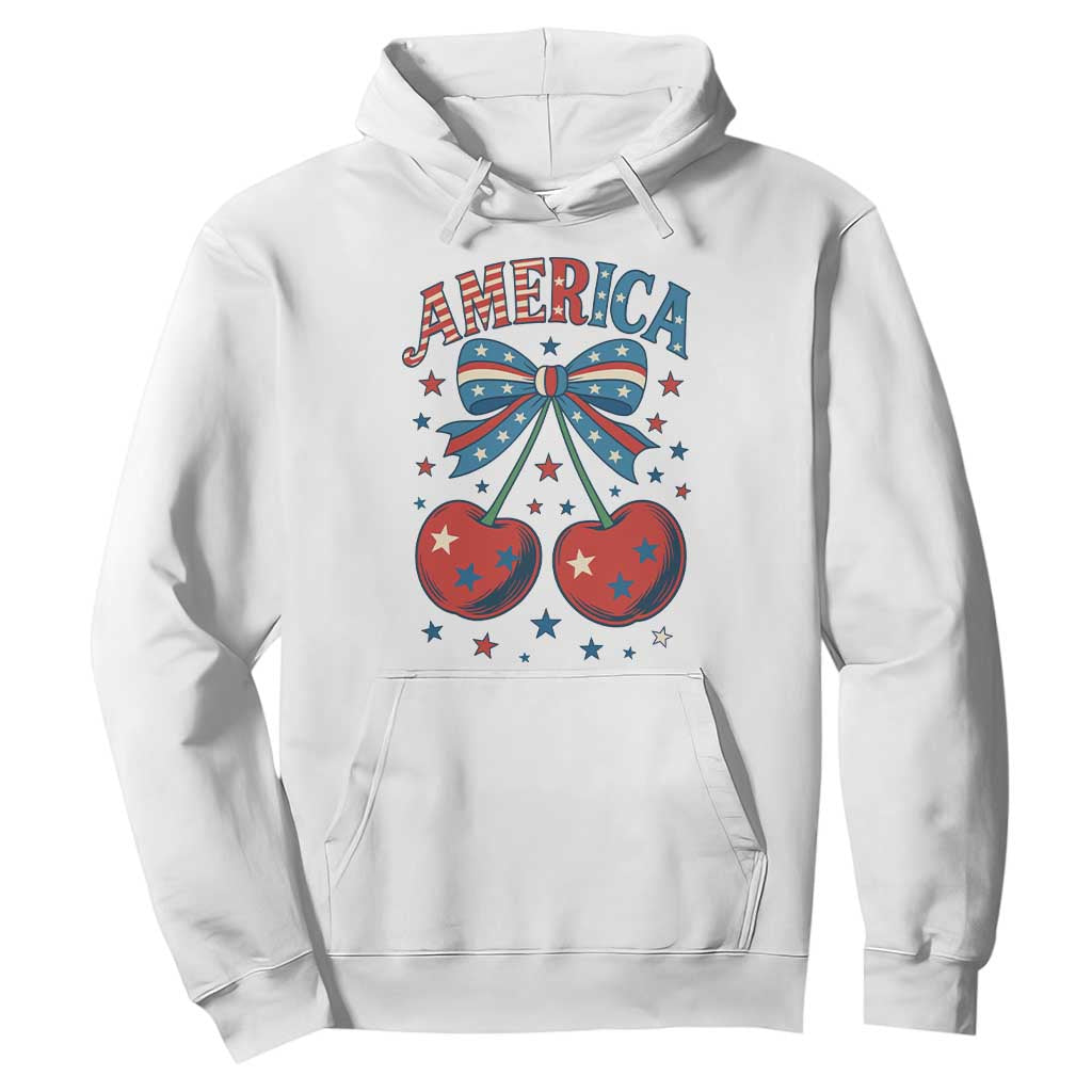 Retro Americana Cherries and Stars Coquette Bow Hoodie America Cute Patriotic 4th Of July US TS02 White Print Your Wear
