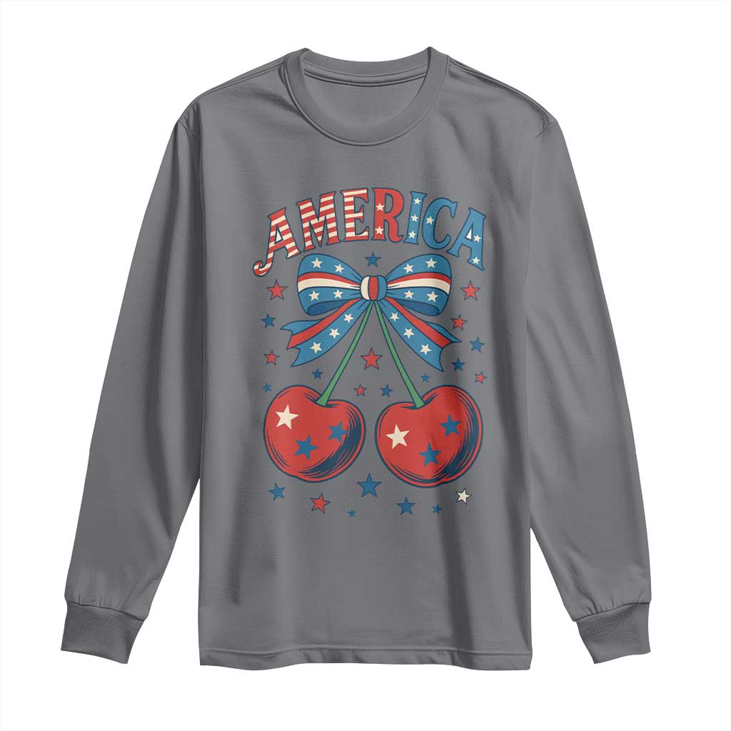 Retro Americana Cherries and Stars Coquette Bow Long Sleeve Shirt America Cute Patriotic 4th Of July US TS02 Charcoal Print Your Wear