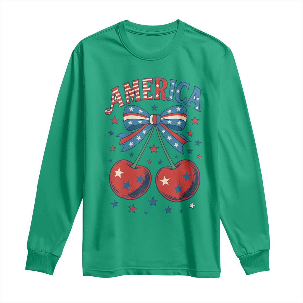 Retro Americana Cherries and Stars Coquette Bow Long Sleeve Shirt America Cute Patriotic 4th Of July US TS02 Irish Green Print Your Wear