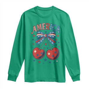 Retro Americana Cherries and Stars Coquette Bow Long Sleeve Shirt America Cute Patriotic 4th Of July US TS02 Irish Green Print Your Wear