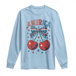 Retro Americana Cherries and Stars Coquette Bow Long Sleeve Shirt America Cute Patriotic 4th Of July US TS02 Light Blue Print Your Wear
