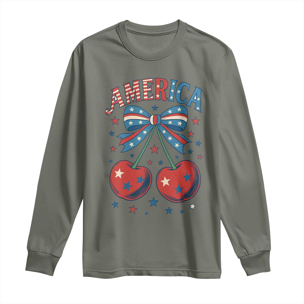 Retro Americana Cherries and Stars Coquette Bow Long Sleeve Shirt America Cute Patriotic 4th Of July US TS02 Military Green Print Your Wear