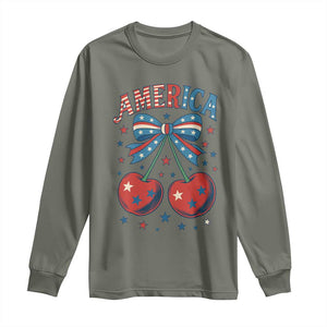 Retro Americana Cherries and Stars Coquette Bow Long Sleeve Shirt America Cute Patriotic 4th Of July US TS02 Military Green Print Your Wear