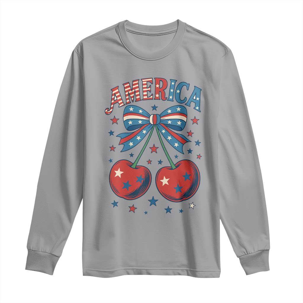 Retro Americana Cherries and Stars Coquette Bow Long Sleeve Shirt America Cute Patriotic 4th Of July US TS02 Sport Gray Print Your Wear