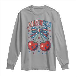 Retro Americana Cherries and Stars Coquette Bow Long Sleeve Shirt America Cute Patriotic 4th Of July US TS02 Sport Gray Print Your Wear