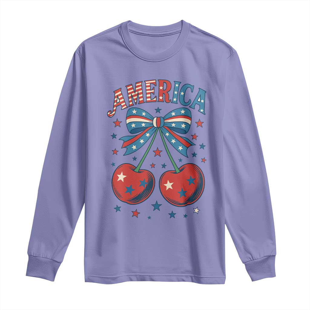 Retro Americana Cherries and Stars Coquette Bow Long Sleeve Shirt America Cute Patriotic 4th Of July US TS02 Violet Print Your Wear