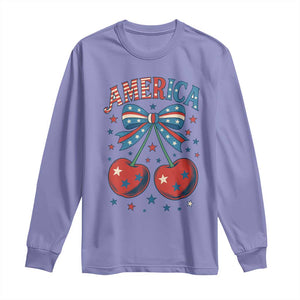 Retro Americana Cherries and Stars Coquette Bow Long Sleeve Shirt America Cute Patriotic 4th Of July US TS02 Violet Print Your Wear