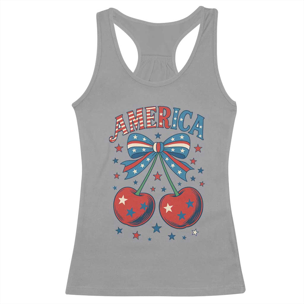 Retro Americana Cherries and Stars Coquette Bow Racerback Tank Top America Cute Patriotic 4th Of July US TS02 Sport Gray Print Your Wear