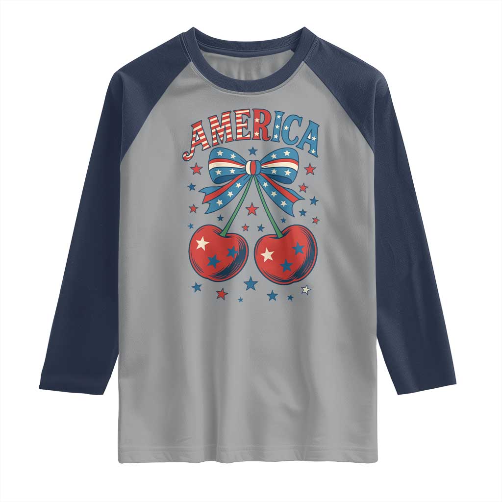Retro Americana Cherries and Stars Coquette Bow Raglan Shirt America Cute Patriotic 4th Of July US TS02 Sport Gray Navy Print Your Wear