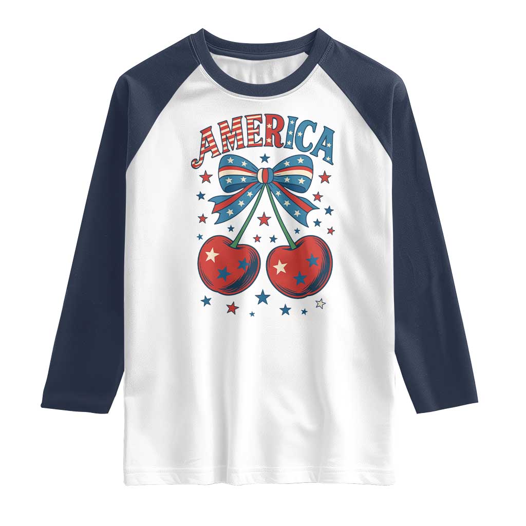 Retro Americana Cherries and Stars Coquette Bow Raglan Shirt America Cute Patriotic 4th Of July US TS02 White Navy Print Your Wear