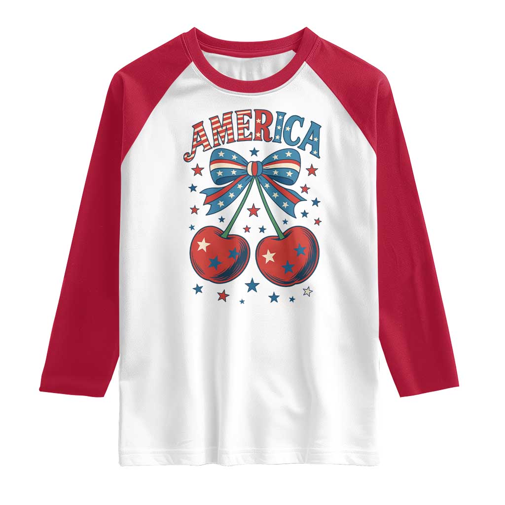 Retro Americana Cherries and Stars Coquette Bow Raglan Shirt America Cute Patriotic 4th Of July US TS02 White Red Print Your Wear