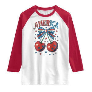 Retro Americana Cherries and Stars Coquette Bow Raglan Shirt America Cute Patriotic 4th Of July US TS02 White Red Print Your Wear