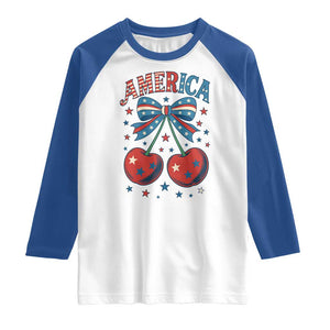 Retro Americana Cherries and Stars Coquette Bow Raglan Shirt America Cute Patriotic 4th Of July US TS02 White Royal Print Your Wear