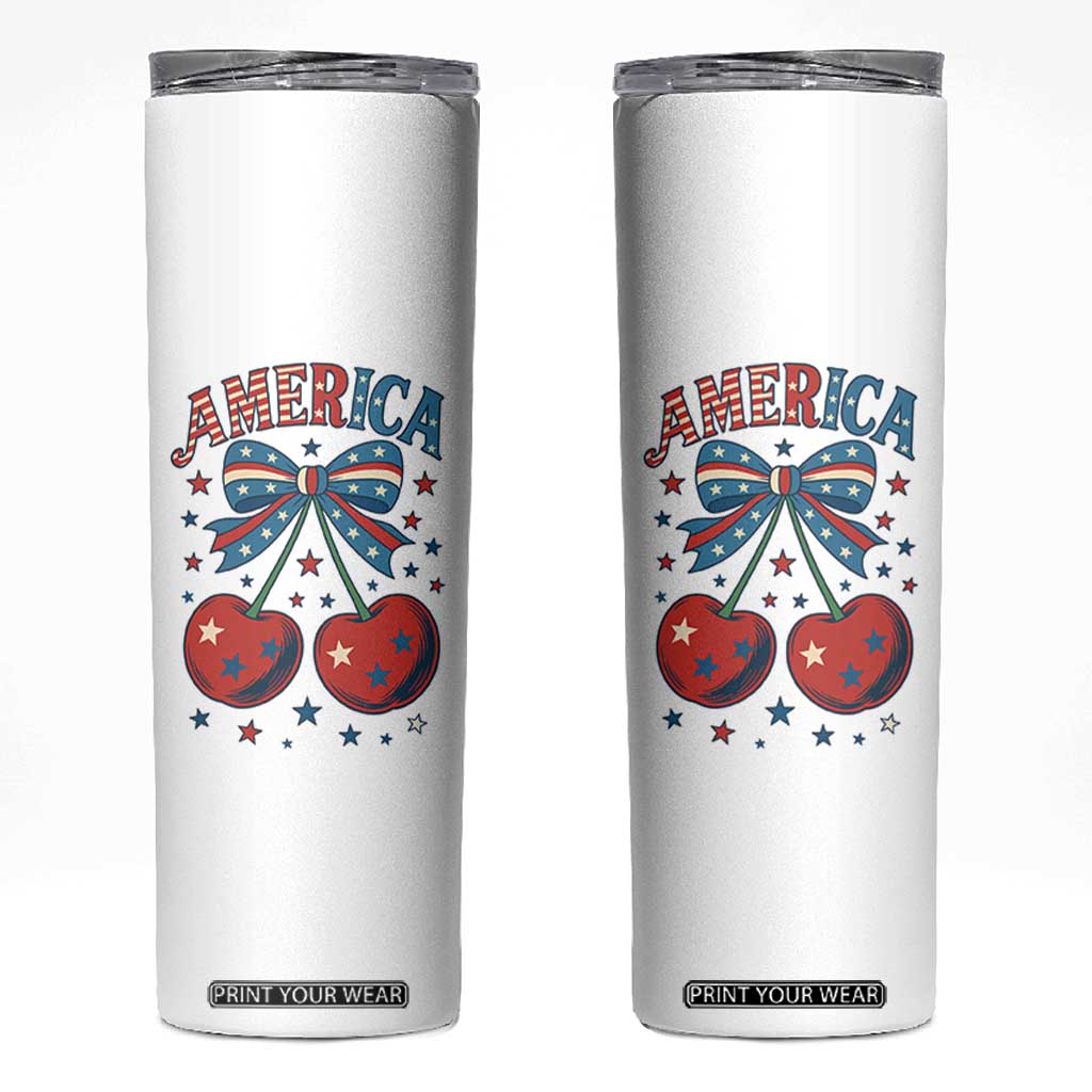 Retro Americana Cherries and Stars Coquette Bow Skinny Tumbler America Cute Patriotic 4th Of July US TS02 White Print Your Wear