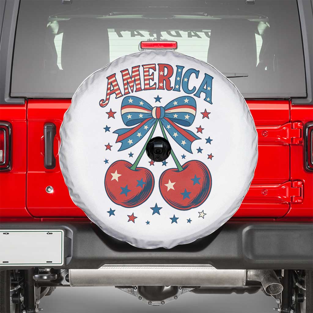 Retro Americana Cherries and Stars Coquette Bow Spare Tire Cover America Cute Patriotic 4th Of July US TS02 White Print Your Wear