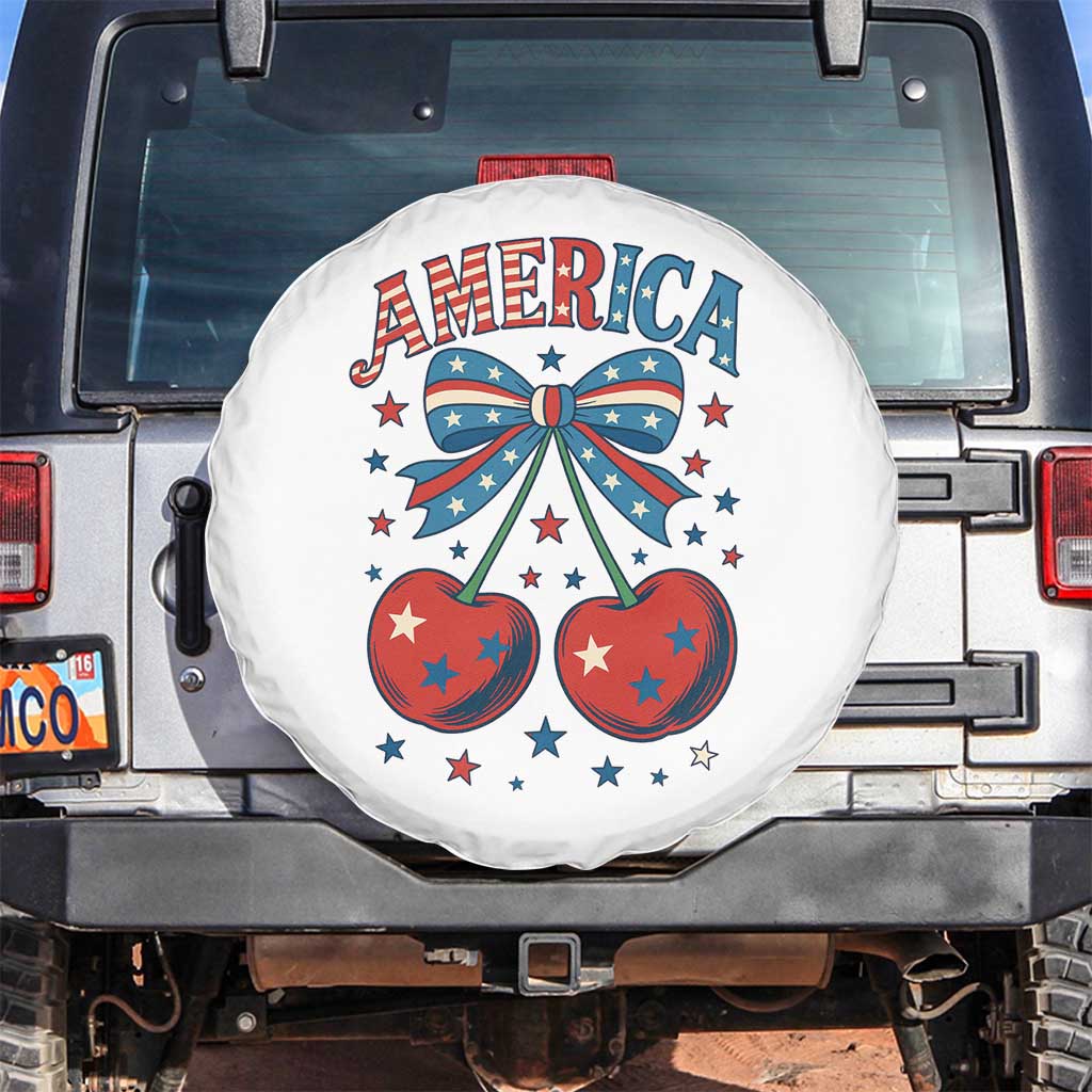Retro Americana Cherries and Stars Coquette Bow Spare Tire Cover America Cute Patriotic 4th Of July US TS02 No hole White Print Your Wear