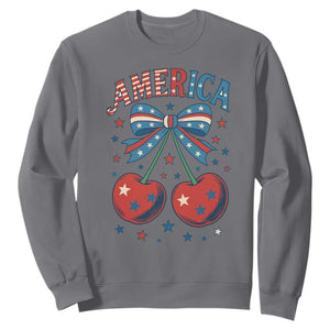 Retro Americana Cherries and Stars Coquette Bow Sweatshirt America Cute Patriotic 4th Of July US TS02 Charcoal Print Your Wear