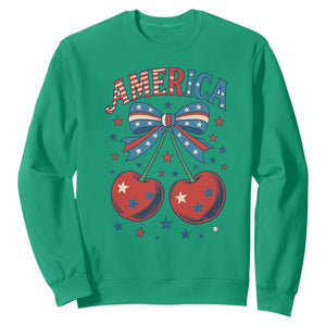 Retro Americana Cherries and Stars Coquette Bow Sweatshirt America Cute Patriotic 4th Of July US TS02 Irish Green Print Your Wear