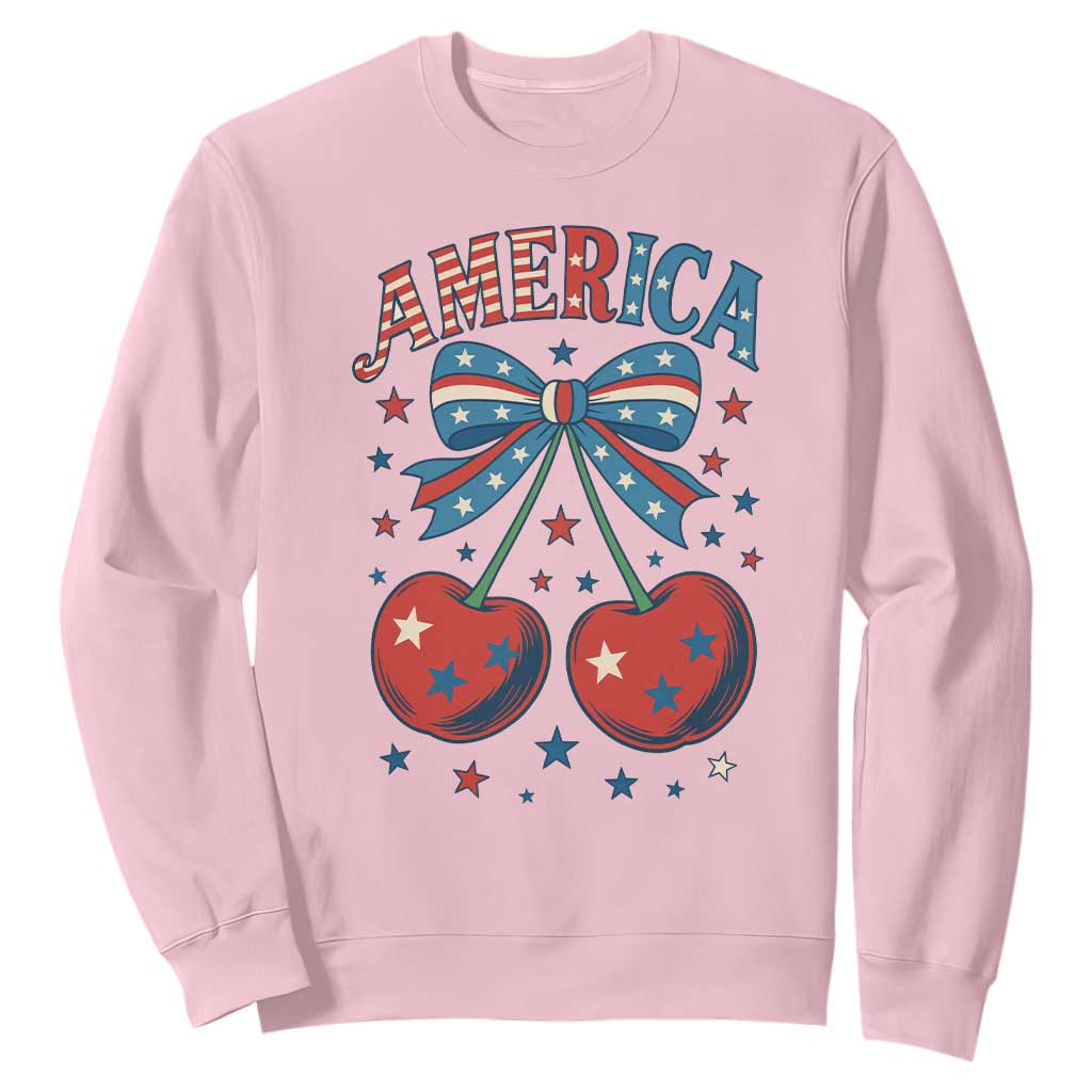 Retro Americana Cherries and Stars Coquette Bow Sweatshirt America Cute Patriotic 4th Of July US TS02 Light Pink Print Your Wear