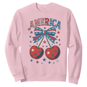 Retro Americana Cherries and Stars Coquette Bow Sweatshirt America Cute Patriotic 4th Of July US TS02 Light Pink Print Your Wear