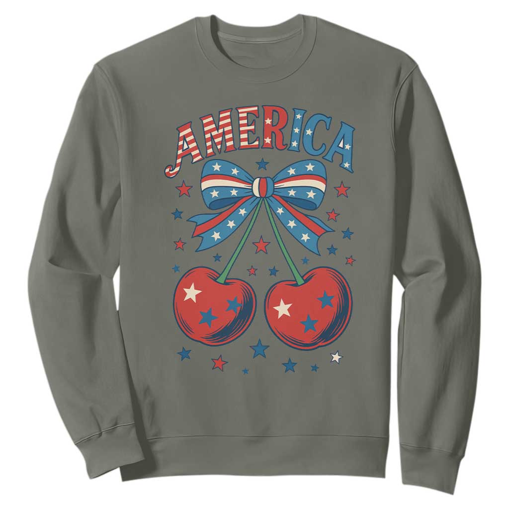 Retro Americana Cherries and Stars Coquette Bow Sweatshirt America Cute Patriotic 4th Of July US TS02 Military Green Print Your Wear