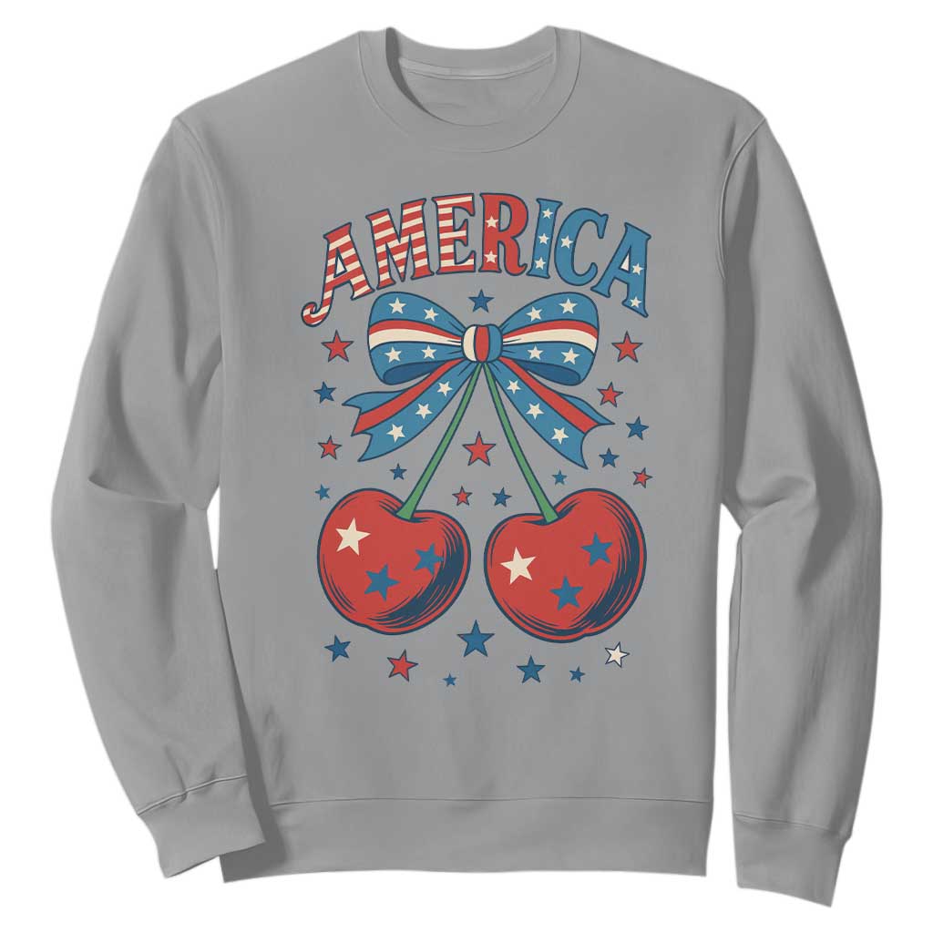 Retro Americana Cherries and Stars Coquette Bow Sweatshirt America Cute Patriotic 4th Of July US TS02 Sport Gray Print Your Wear