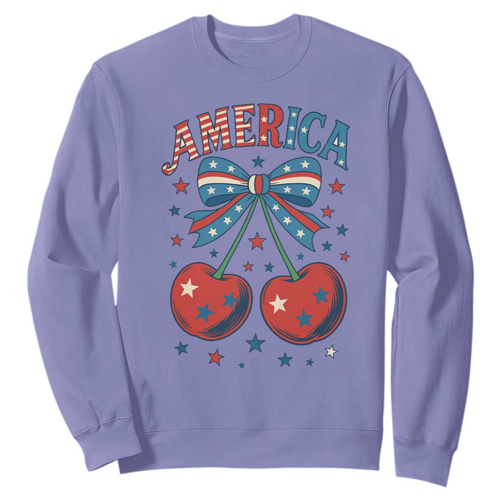 Retro Americana Cherries and Stars Coquette Bow Sweatshirt America Cute Patriotic 4th Of July US TS02 Violet Print Your Wear