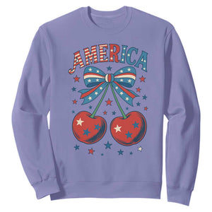 Retro Americana Cherries and Stars Coquette Bow Sweatshirt America Cute Patriotic 4th Of July US TS02 Violet Print Your Wear