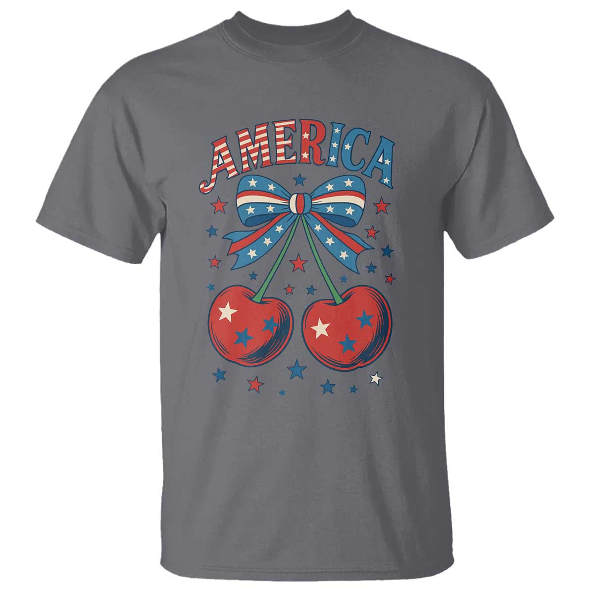 Retro Americana Cherries and Stars Coquette Bow T Shirt America Cute Patriotic 4th Of July US TS02 Charcoal Print Your Wear