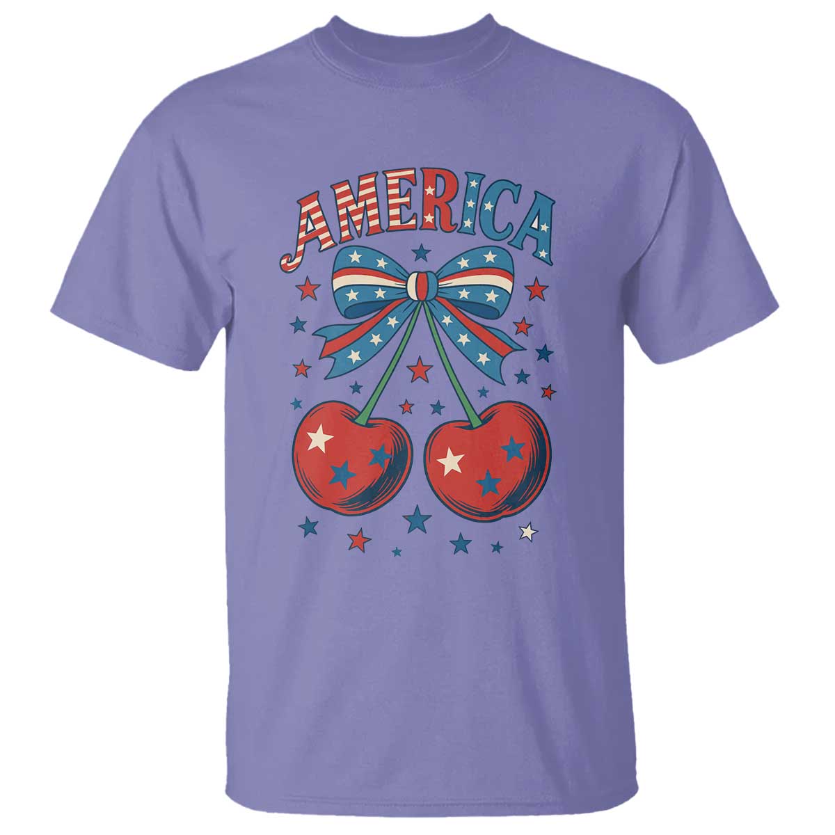 Retro Americana Cherries and Stars Coquette Bow T Shirt America Cute Patriotic 4th Of July US TS02 Violet Print Your Wear