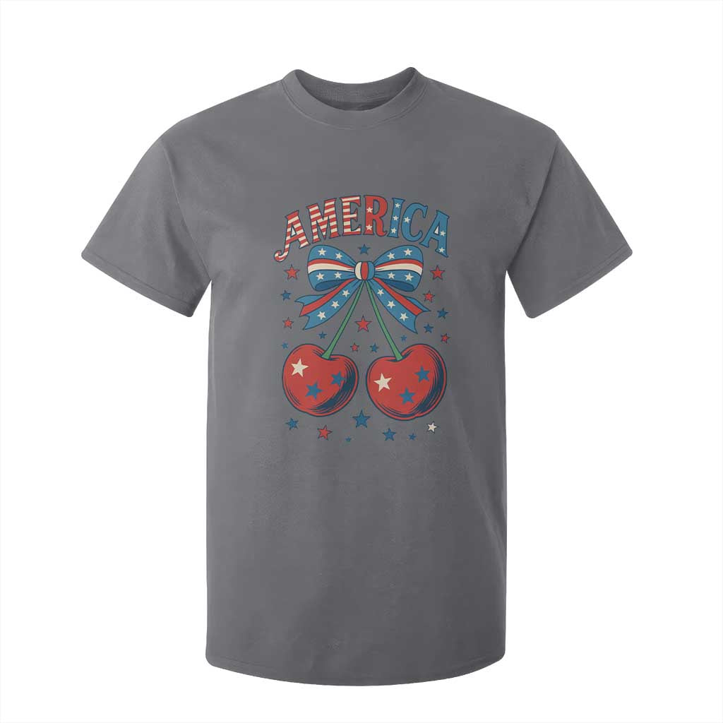 Retro Americana Cherries and Stars Coquette Bow T Shirt For Kid America Cute Patriotic 4th Of July US TS02 Charcoal Print Your Wear