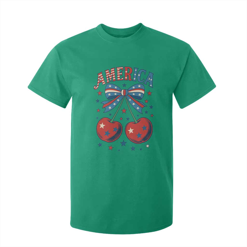 Retro Americana Cherries and Stars Coquette Bow T Shirt For Kid America Cute Patriotic 4th Of July US TS02 Irish Green Print Your Wear