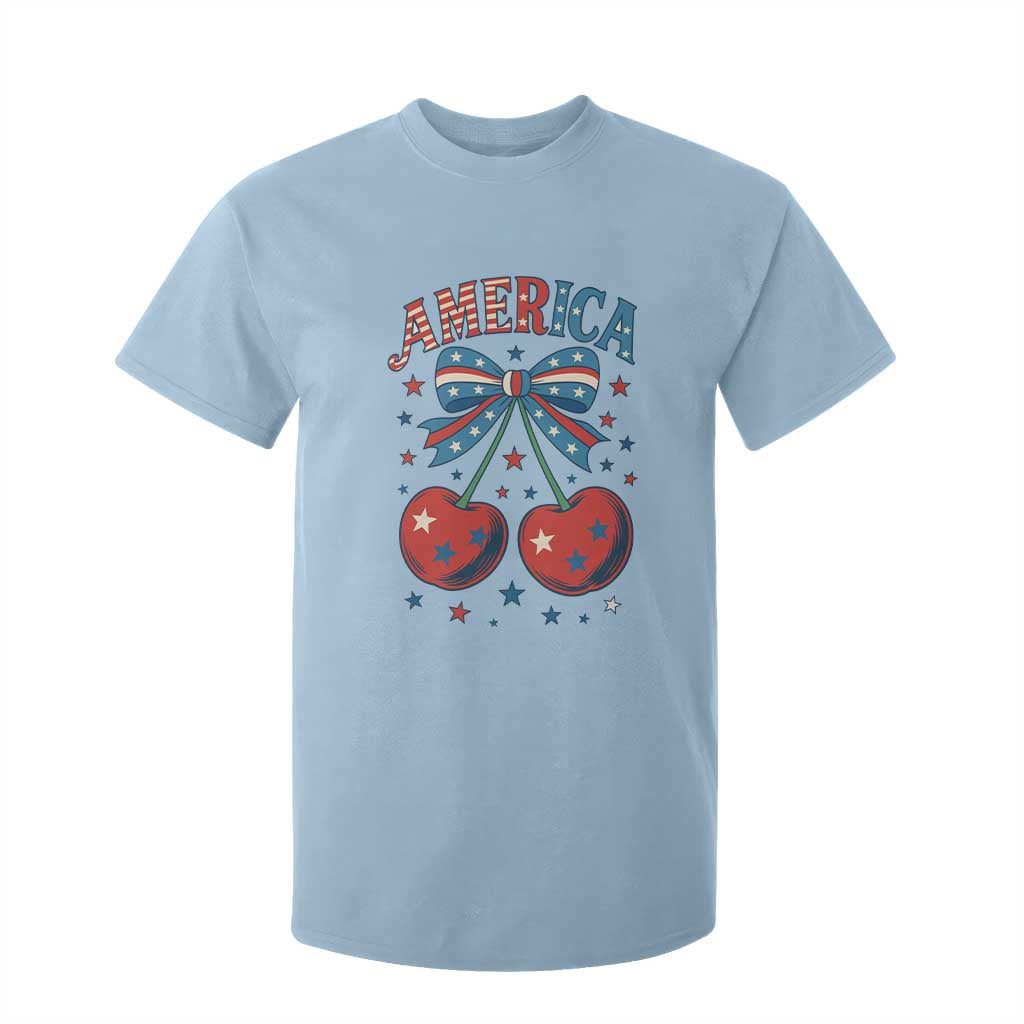 Retro Americana Cherries and Stars Coquette Bow T Shirt For Kid America Cute Patriotic 4th Of July US TS02 Light Blue Print Your Wear