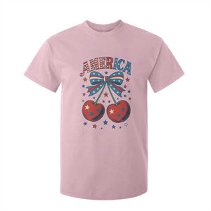 Retro Americana Cherries and Stars Coquette Bow T Shirt For Kid America Cute Patriotic 4th Of July US TS02 Light Pink Print Your Wear