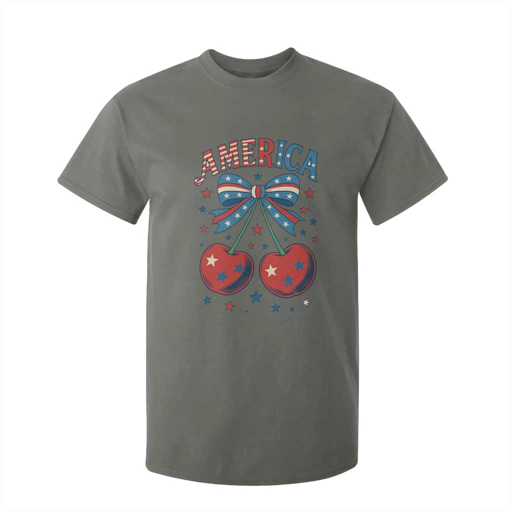 Retro Americana Cherries and Stars Coquette Bow T Shirt For Kid America Cute Patriotic 4th Of July US TS02 Military Green Print Your Wear