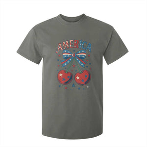 Retro Americana Cherries and Stars Coquette Bow T Shirt For Kid America Cute Patriotic 4th Of July US TS02 Military Green Print Your Wear