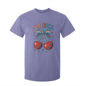Retro Americana Cherries and Stars Coquette Bow T Shirt For Kid America Cute Patriotic 4th Of July US TS02 Violet Print Your Wear